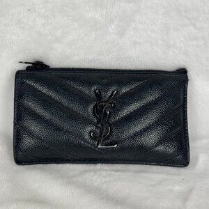Saint Laurent YSL Black Quilted Monogramme Textured Leather Card Holder Zip